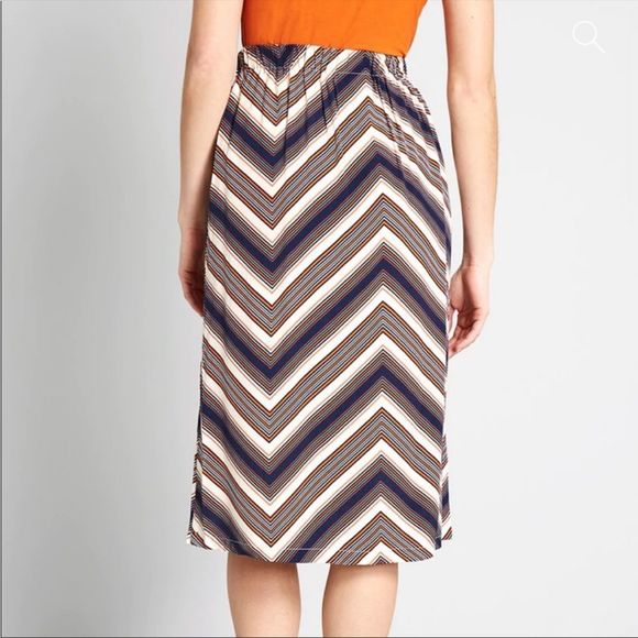 Modcloth Up Close and Personality Midi Skirt Chevron Stripe Navy Cream Orange XS - Picture 2 of 10